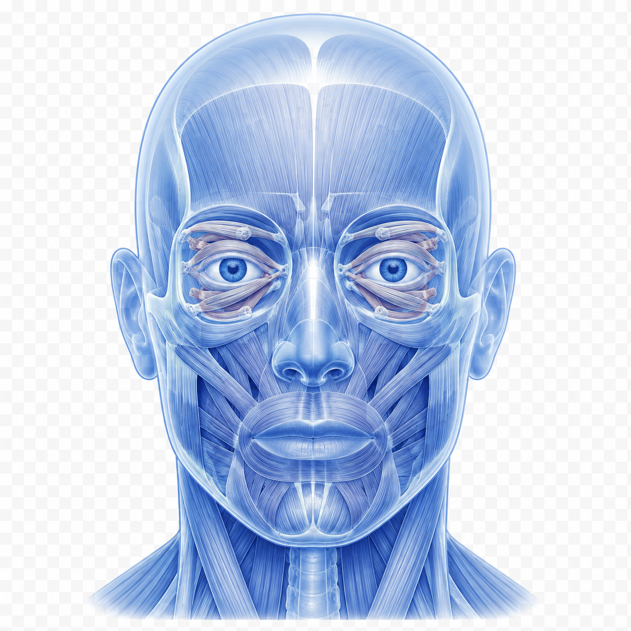 Blau-weisse anatomische Darstellung der Muskeln in Gesicht, Augenbereich, Kiefer und Hals.